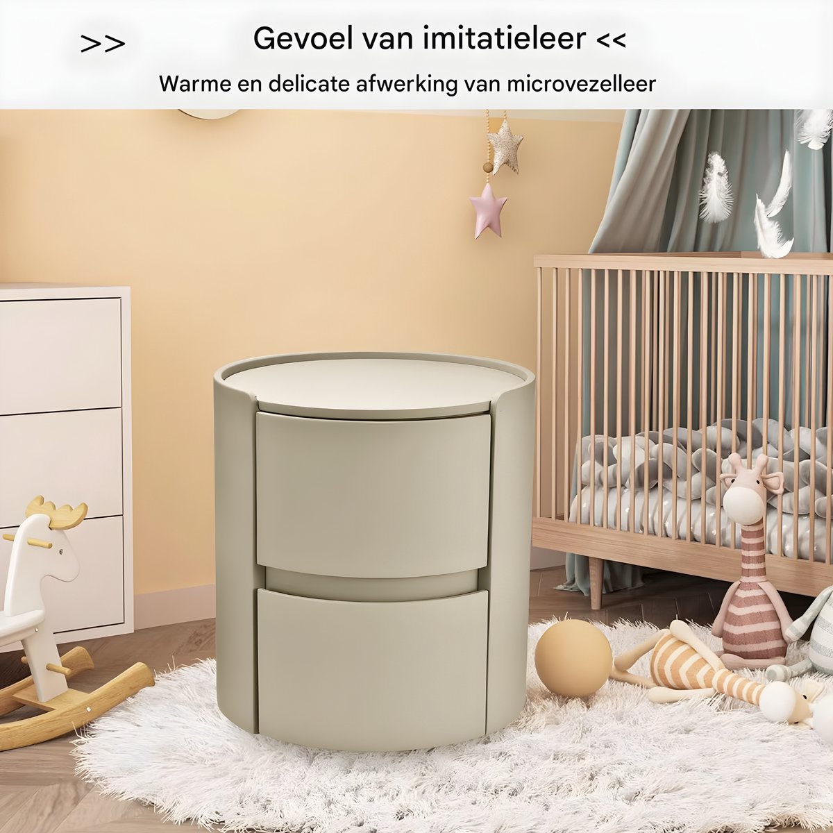 Rond nachtkastje - Bijzettafel - Voor thuis, kantoor of slaapkamer - Modern, met 2 laden - Massief hout - Wit