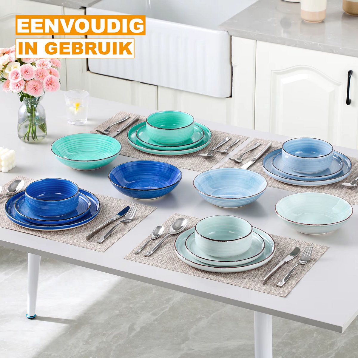 Sorella Serviesset - 16 delig - Blauw - Dinerborden - Bordenset - Diepe borden - Ontbijtborden - Servies - Keukenservies