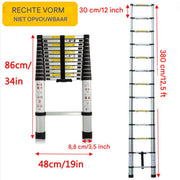 Telescopische Loft Ladder Yuda - 380CM - Opvouwbare Trapladder - Uitschuifbare Aluminium Ladder - Draagbaar - EN131 - Max. Belasting 150kg/330lb