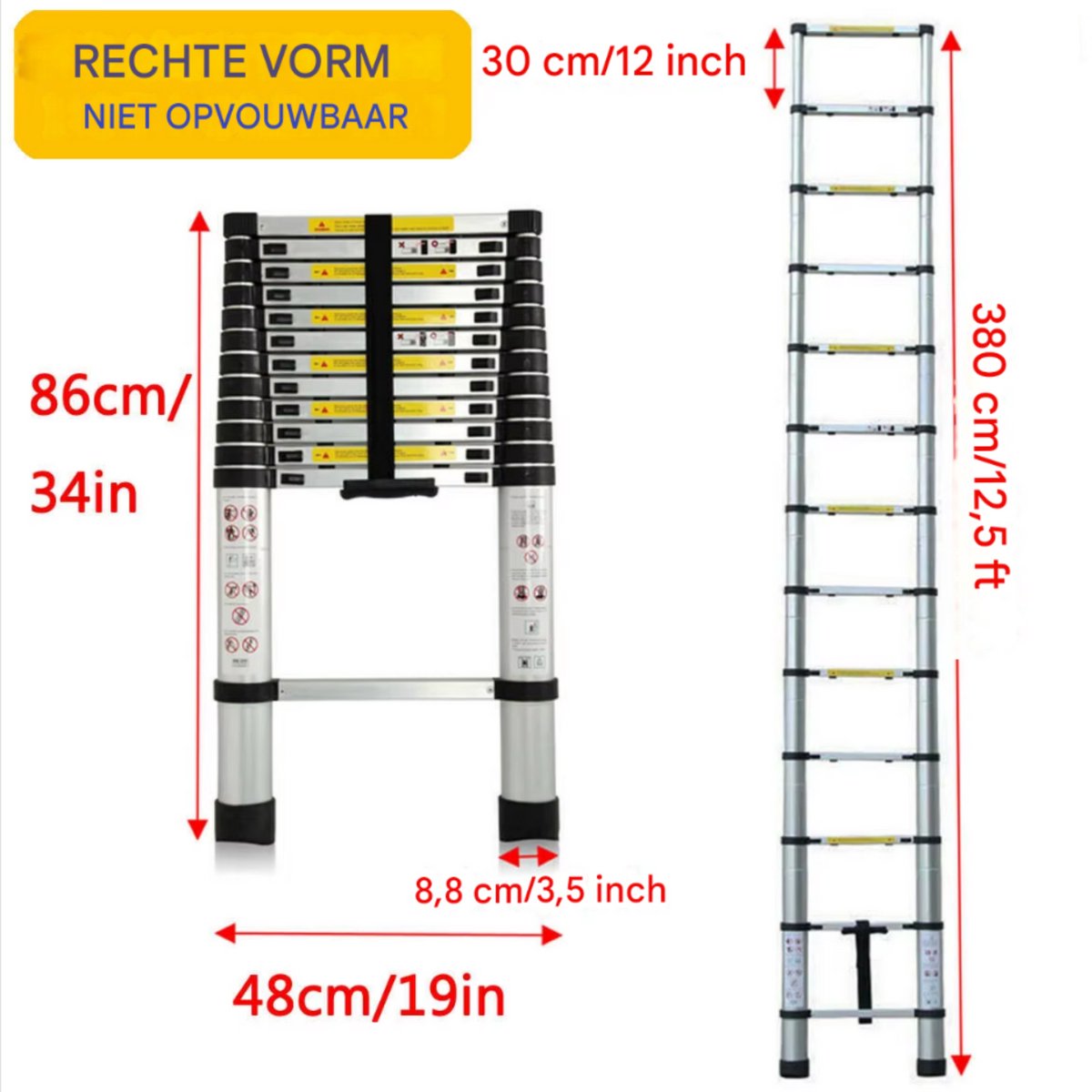 Telescopische Loft Ladder Yuda - 380CM - Opvouwbare Trapladder - Uitschuifbare Aluminium Ladder - Draagbaar - EN131 - Max. Belasting 150kg/330lb