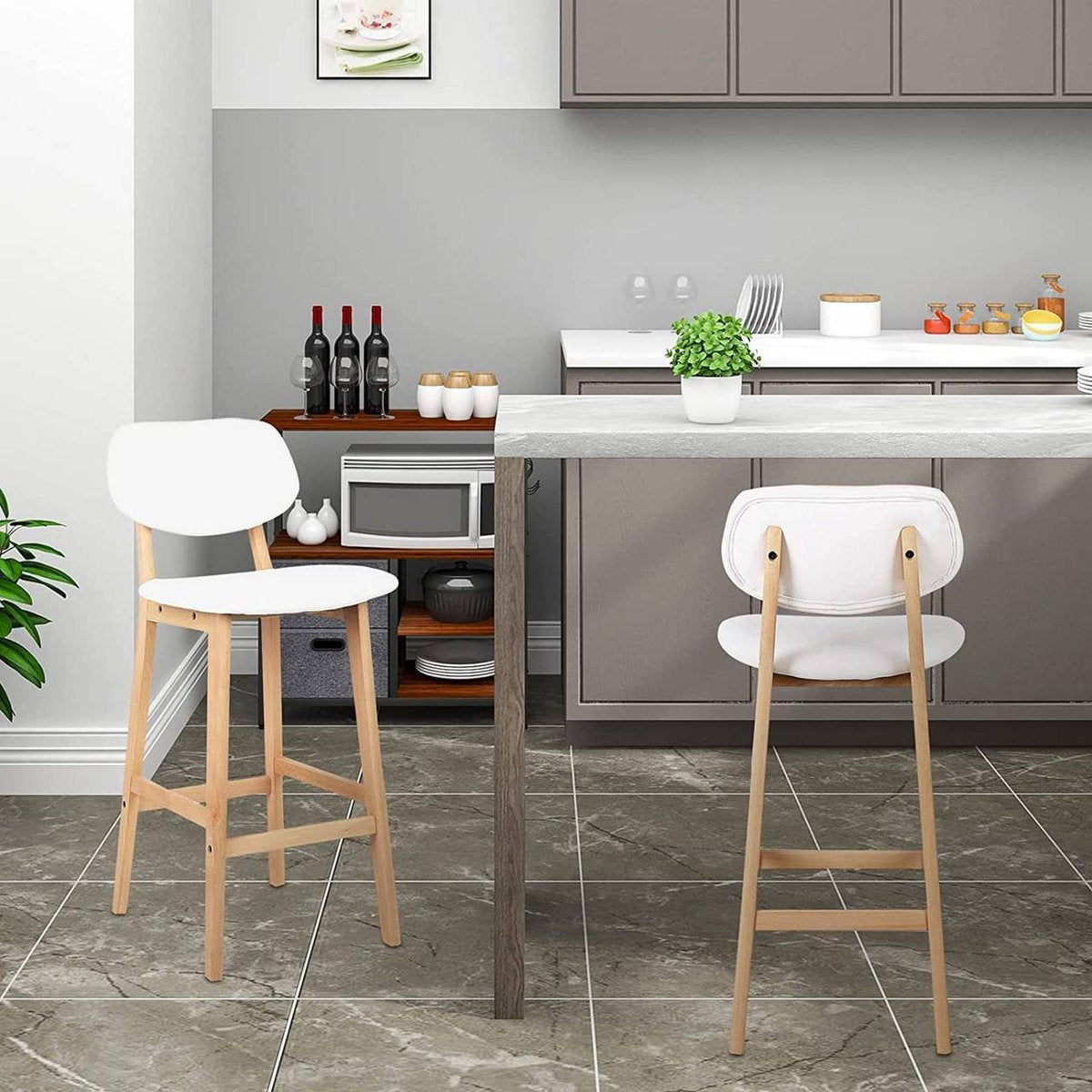 Barkrukken Riva - Set van 2 - Met rugleuning - Houten frame - Barstoelen ergonomisch - Keuken - Wit - Zithoogte 65cm