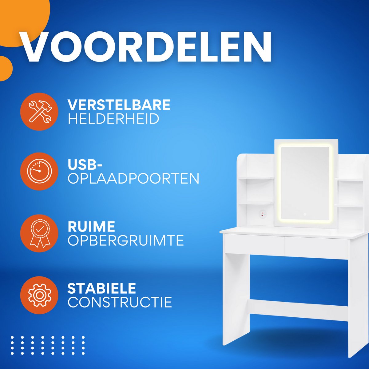 Witte Kaptafel met LED Spiegel - Verstelbare Helderheid & 2 USB Poorten - Moderne Make-up Tafel voor Slaapkamer
