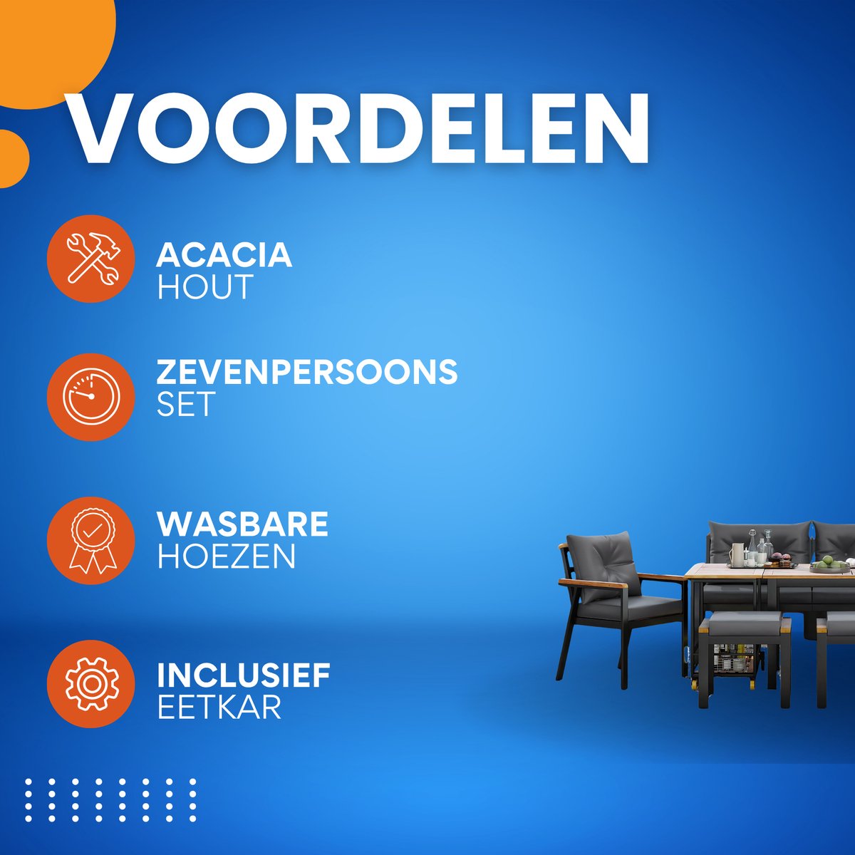 Eettafelset -Tuinmeubelset - Loungeset - Tuinlounge Lounge Set - Lounge Set - Voor Tuin of Terras - Tuinmeubelen voor 6-7 Personen met Fauteuils & Eetkar - Afneembare en Wasbare Hoezen