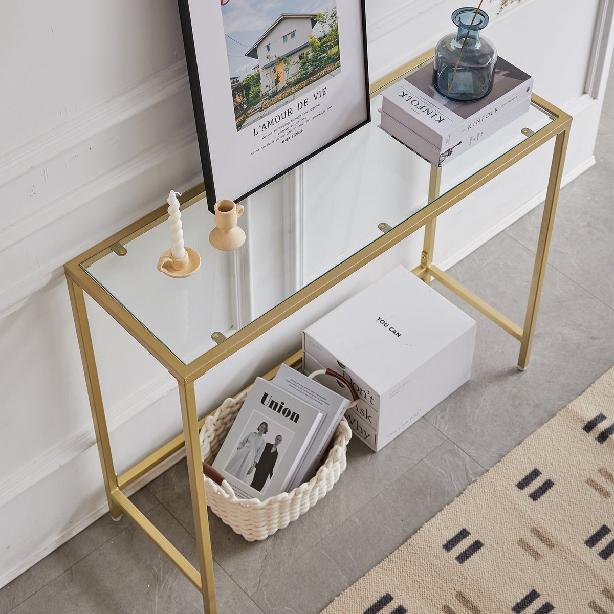 Happyment Console tafel modern - Wandtafel - Transparant goud - Bijzettafel - Haltafel - Sidetable - 100cm