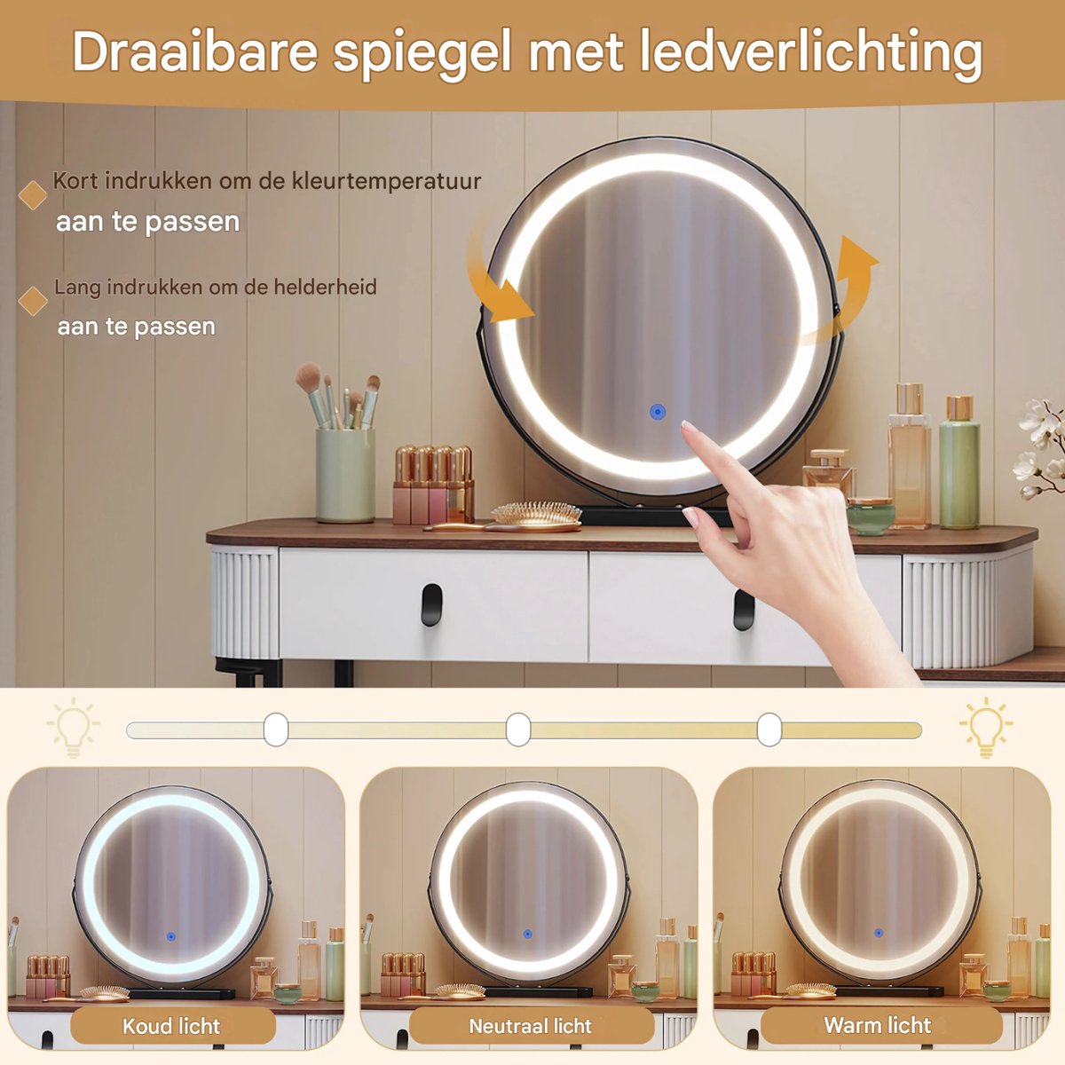 Kaptafel met LED-verlichting - Make-up tafel - Voor Slaapkamer - 3-delige Verstelbare Lichtintensiteit - Inclusief Mobiele Spiegel & Zijkast