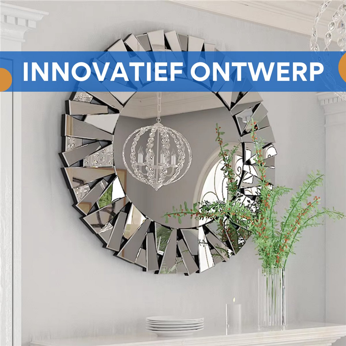Wandspiegel - Voor Badkamer of Woonkamer - Unieke Sunburst Decoratieve Spiegel - 80 cm Zilver Afgeschuind Glas Accent Spiegel