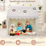 Kindertent - Speeltent - Voor Jongens & Meisjes (1-8 Jaar) - Speelhuis met Mat, Verlichting & Vlagbanner - Voor binnen - Inclusief Ramen - Beige