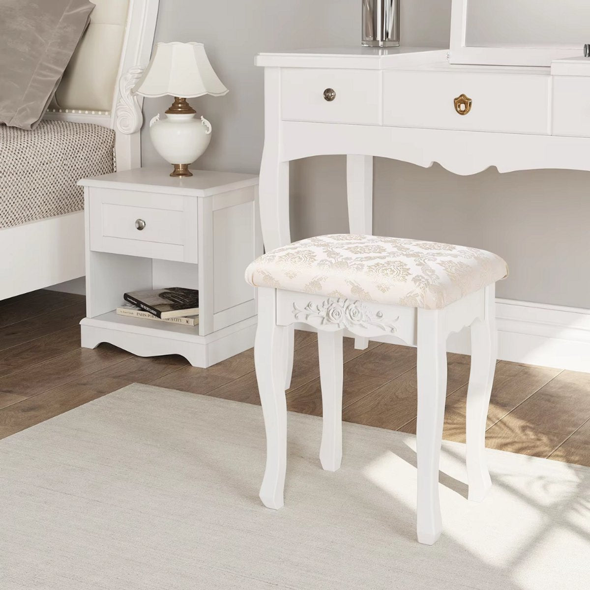 Slaapkamer Kruk - Gewatteerde Kaptafelkruk 40x30x50 cm - Luxe Zitkruk voor Dressoir & Make-uptafel - Wit