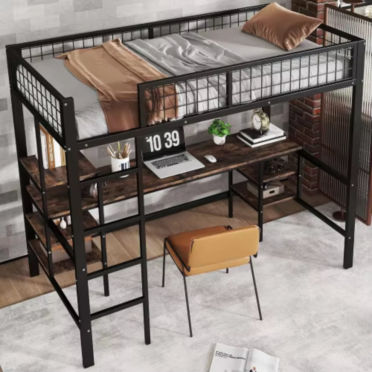 Hoogslaper Retro Valora - Luxe hoogslaper voor kinderen - 90x200 cm - Met bureau - Kinderbed - Stapelbed - Met Hoektrap, valbeveiliging en raam - Peuterbed