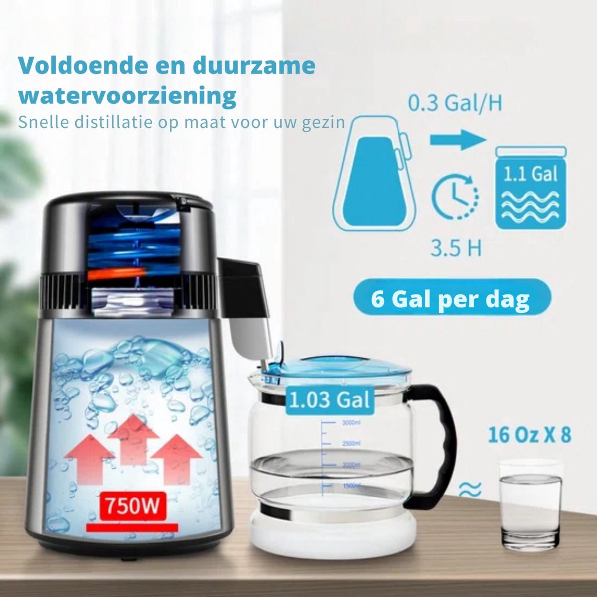 Waterdestilleerder Deluxe - Destilleerapparaat - RVS - Water Destilleren - met 4L Glazen waterkan