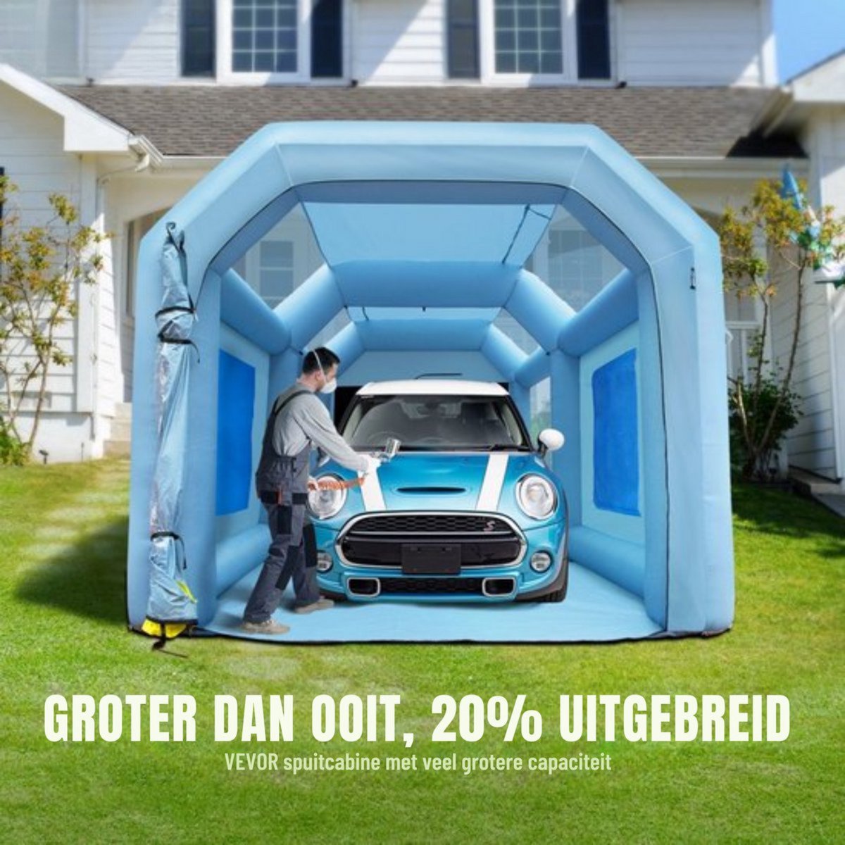 Opblaasbare spuitcabine - incl. lucht filtersysteem - Verfspuit tent – 5 x 2,2 x 2,1 m - 480W/750W Anti-Spray - Airbrush - Spray booth - Opvouwbaar