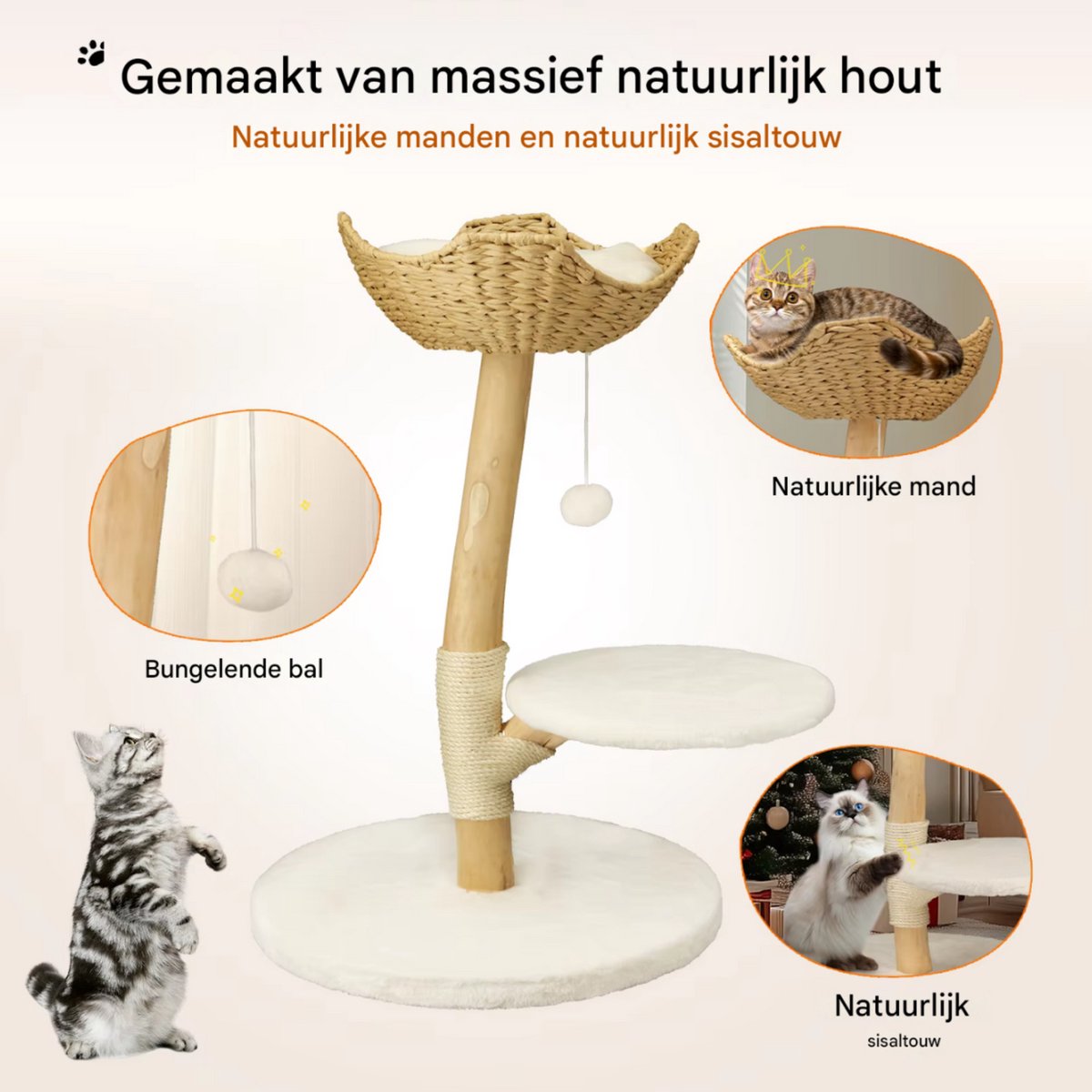 Moderne krabpaal - Voor katten - Tower met speelbal en zacht Kussen - Massief Hout