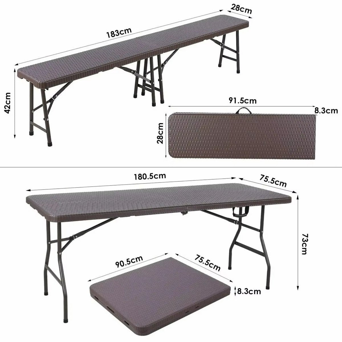 Klaptafel - Kampeertafel - Vouwtafel - 2 Banken set - Opvouwbare Tuinmeubelset voor Buiten, Kamperen & Picknick - Picknicktafel met Bankjes - 180 cm - Bruin