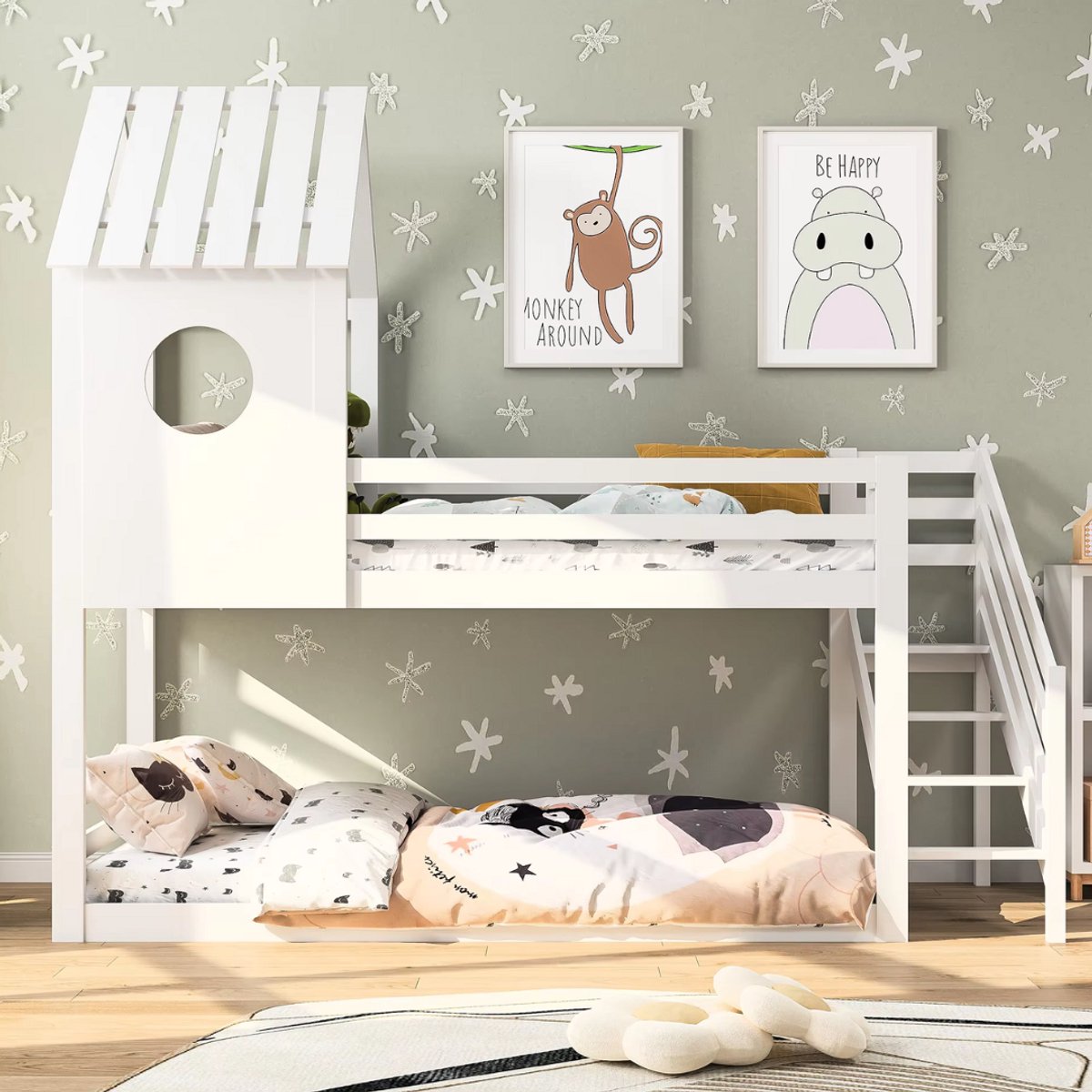 Stapelbed 200 x 90 cm - Voor Kinderen - 2 kinderbedden - Hoogslaper - Met Hoektrap, valbeveiliging en raam - Peuterbed
