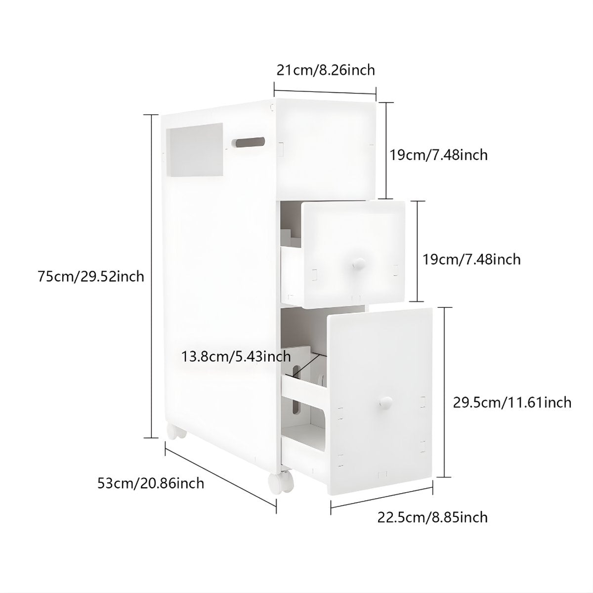 Badkamerkast - Opbergkast - Badkamermeubel - Voor smalle badkamers - Op wieltjes - Wit - 53*22,5*75 cm