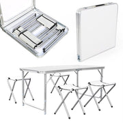 Campingtafel 5 delig - Kampeertafel - Opvouwbaar - Klaptafel - Voor Camping en Tuin - Inklapbaar met 4 Krukken - Aluminium 120 cm - Wit