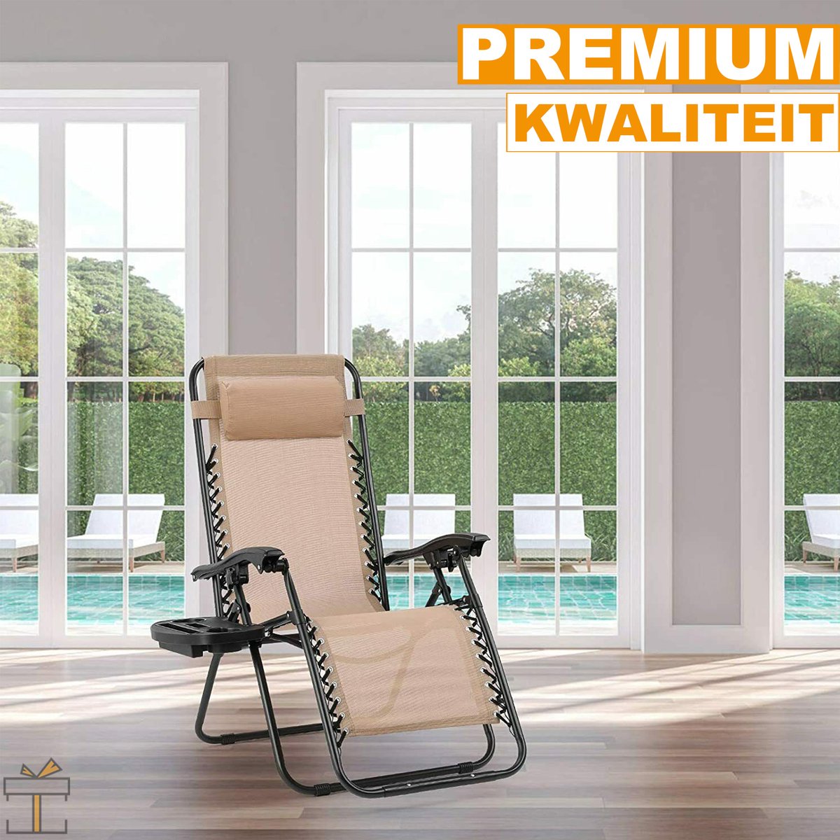 Happyment Opvouwbare strandstoelen 2 stuks - Tuinstoelen met tafeltje - Zonnebed - 0° tot 160° Verstelbaar - Beige