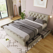 Bed - Tweepersoonsbedden - Tweepersoonsbed - Twijfelaar - Voor Slaapkamer - Functioneel Tweepersoonsbed met Chesterfield Hoofdeinde & 4 Laden - Inclusief Matras - 140x200cm