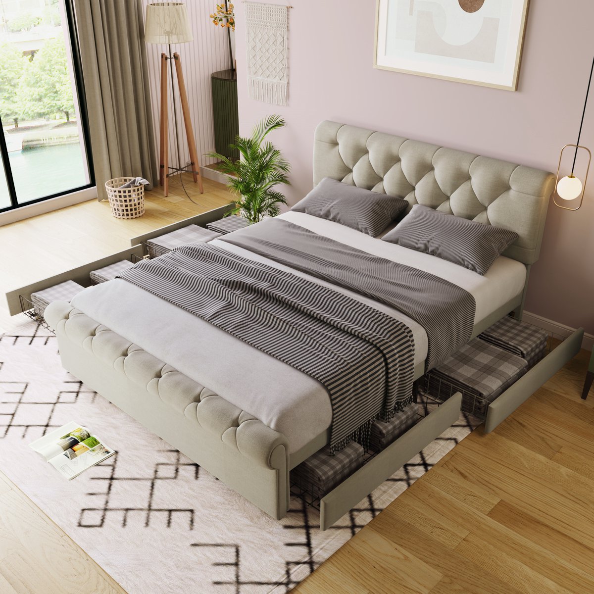 Bed - Tweepersoonsbedden - Tweepersoonsbed - Twijfelaar - Voor Slaapkamer - Functioneel Tweepersoonsbed met Chesterfield Hoofdeinde & 4 Laden - Inclusief Matras - 140x200cm