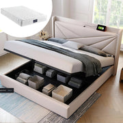 Bed - Tweepersoonsbedden - Tweepersoonsbed - Twijfelaar - Voor Slaapkamer - Met USB-C Oplaadfunctie, Opbergruimte & Comfortabel Hoofdeinde - Linnen Bekleding, Lattenbodem & Inclusief Matras - 140x200cm