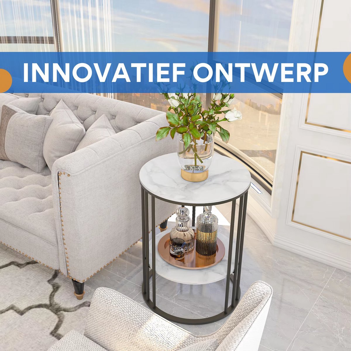 Ronde bijzettafel Malito Tavien - Salontafel - Woonkamer - Marmerlook - Side table - 40cm