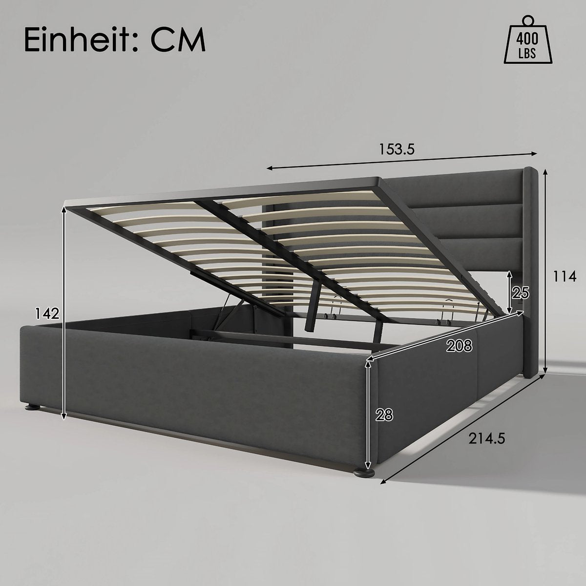 Bed - Opbergbed - Opbergruimte - met Hydraulisch Systeem - Voor Slaapkamer - met Houten Lattenbodem & Metalen Frame - Grijs Linnen - 140x200 cm