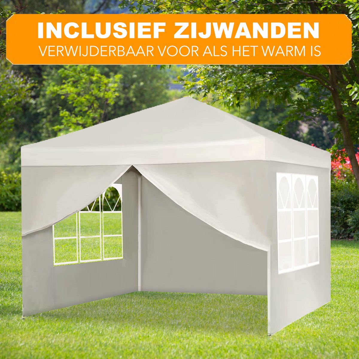 Happyment Partytent open - Beige - Met zijwanden - Opvouwbaar - Easy up - Paviljoen - Waterdicht weerbestendig - 3x3 m