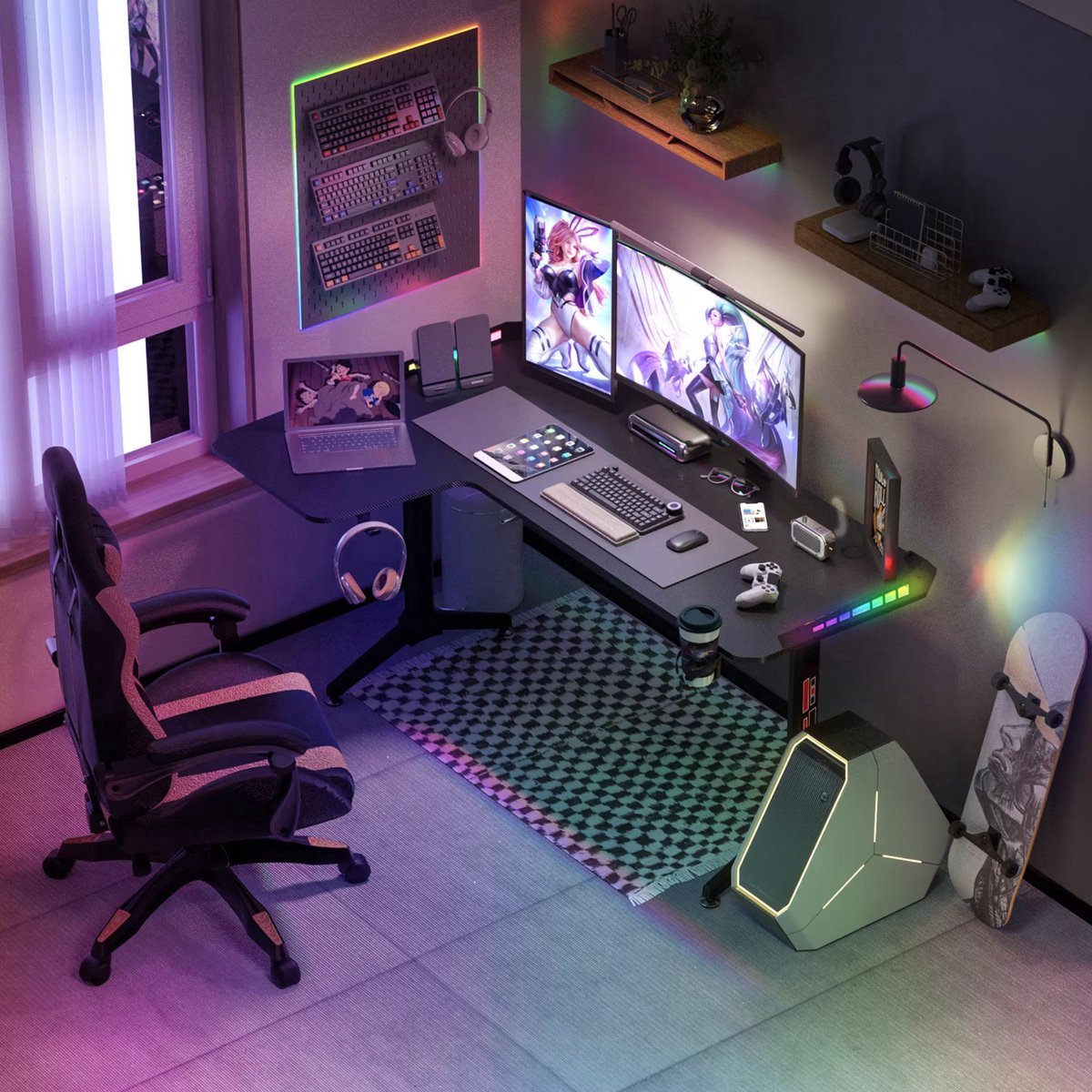 Gaming bureau Brutal Tavien - Met LED verlichting - Linker Hoekbureau - 162cm desk - Metalen poten - Bekerhouder