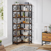Hoekkast Zakapone - Hoge vakkenkast 200cm - Boekenrek Hoekmeubel - Opbergrek 7 planken - Bruin