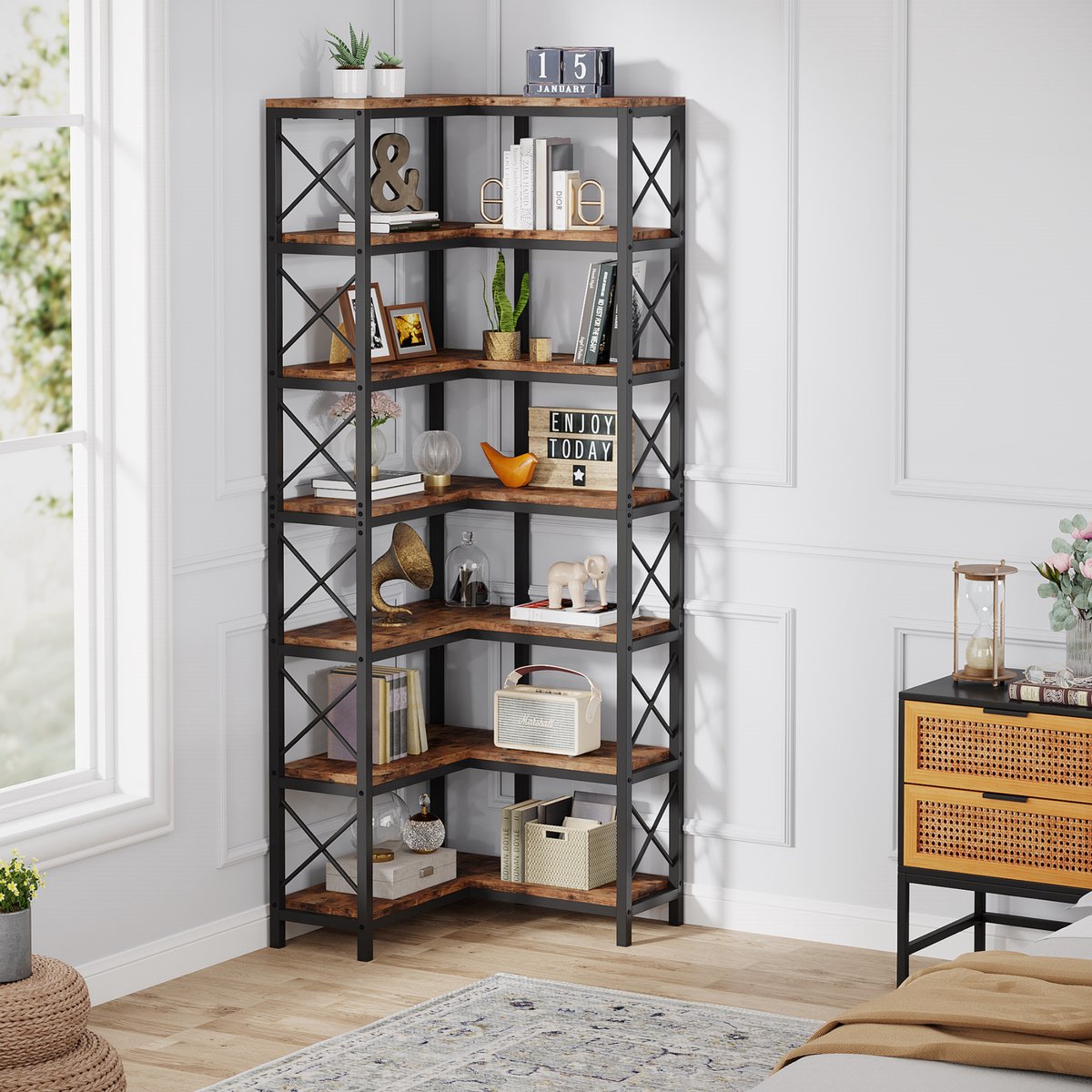 Hoekkast Zakapone - Hoge vakkenkast 200cm - Boekenrek Hoekmeubel - Opbergrek 7 planken - Bruin