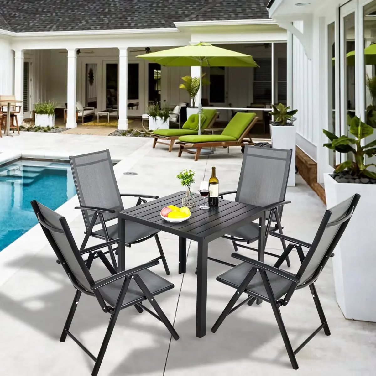 Tuinset Tavien met tuinstoelen - Tuintafel - 4 persoons - Balkonset - 5-delige tuinmeubelen - Aluminium - Zwart - Klapstoelen