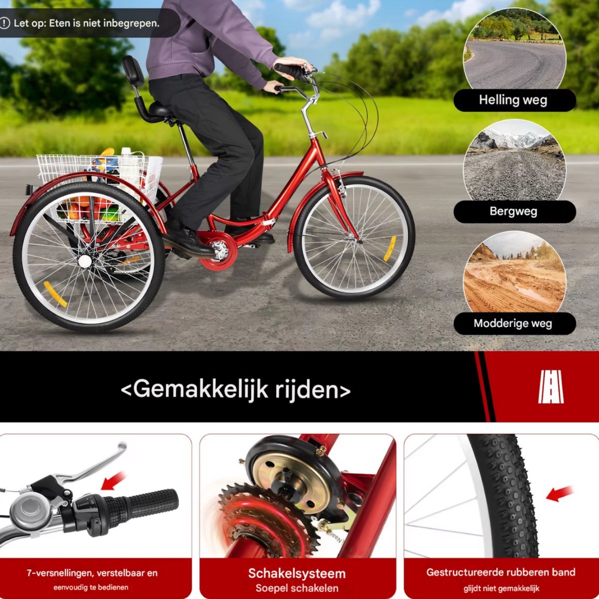 Driewieler Berlin Tavien - 7 versnellingen - Fiets voor volwassenen en senioren - 24 Inch - Opvouwbare - Verstelbaar - Met mand - Voorrem - Rood - 120KG