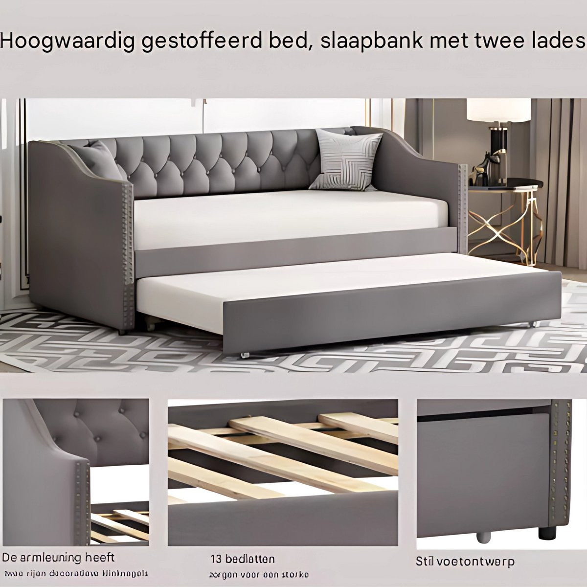 Slaapbank voor 2 personen - 90 x 200 cm - Logeerbed - Zetelbed - Gestoffeerd - Grijs