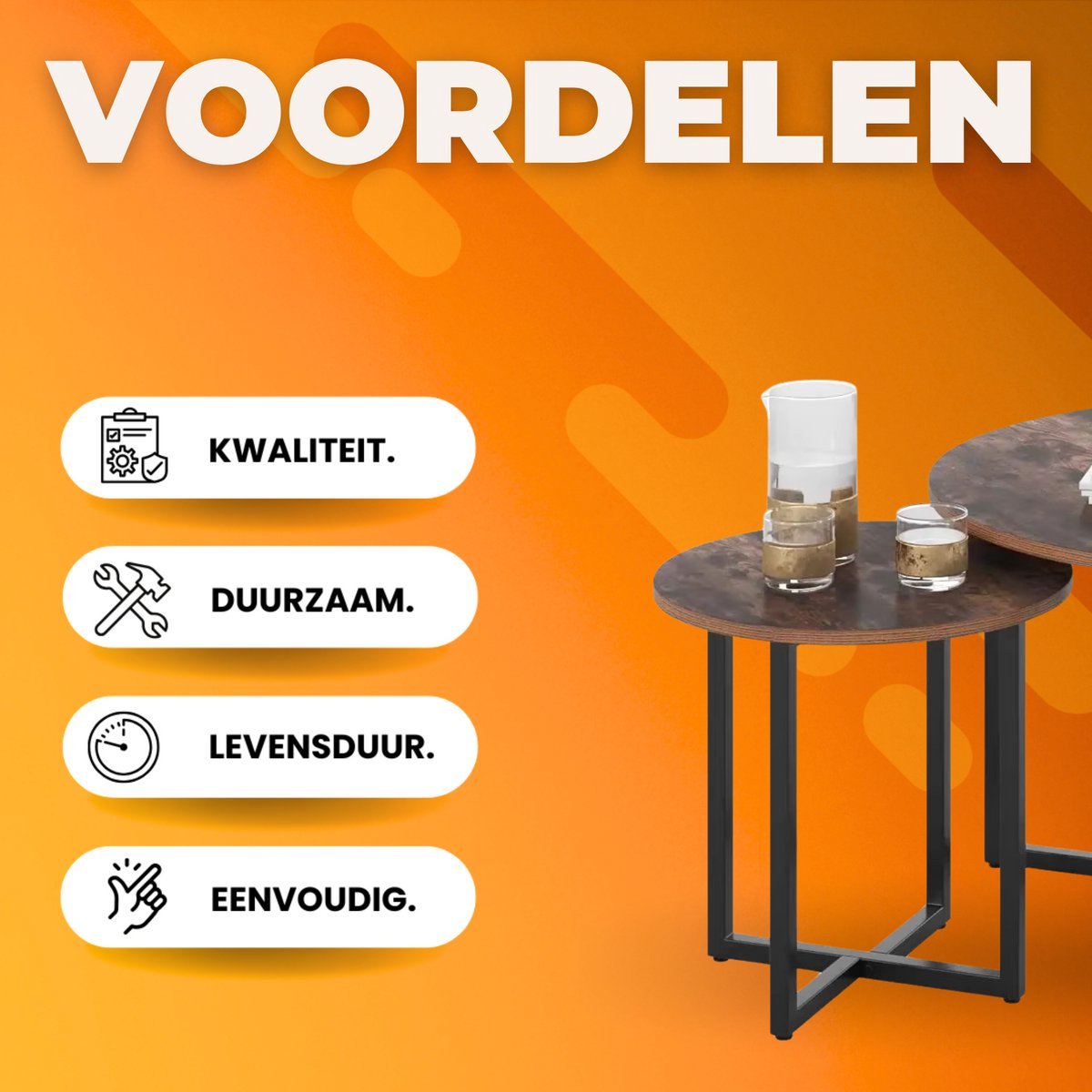 Salontafel Valora - Bijzettafels - 2 stuks - Voor Woonkamer - Vintage Bijzettafel van Hout met Metalen Poten - Middentafel 80cm x 42cm - Bruin