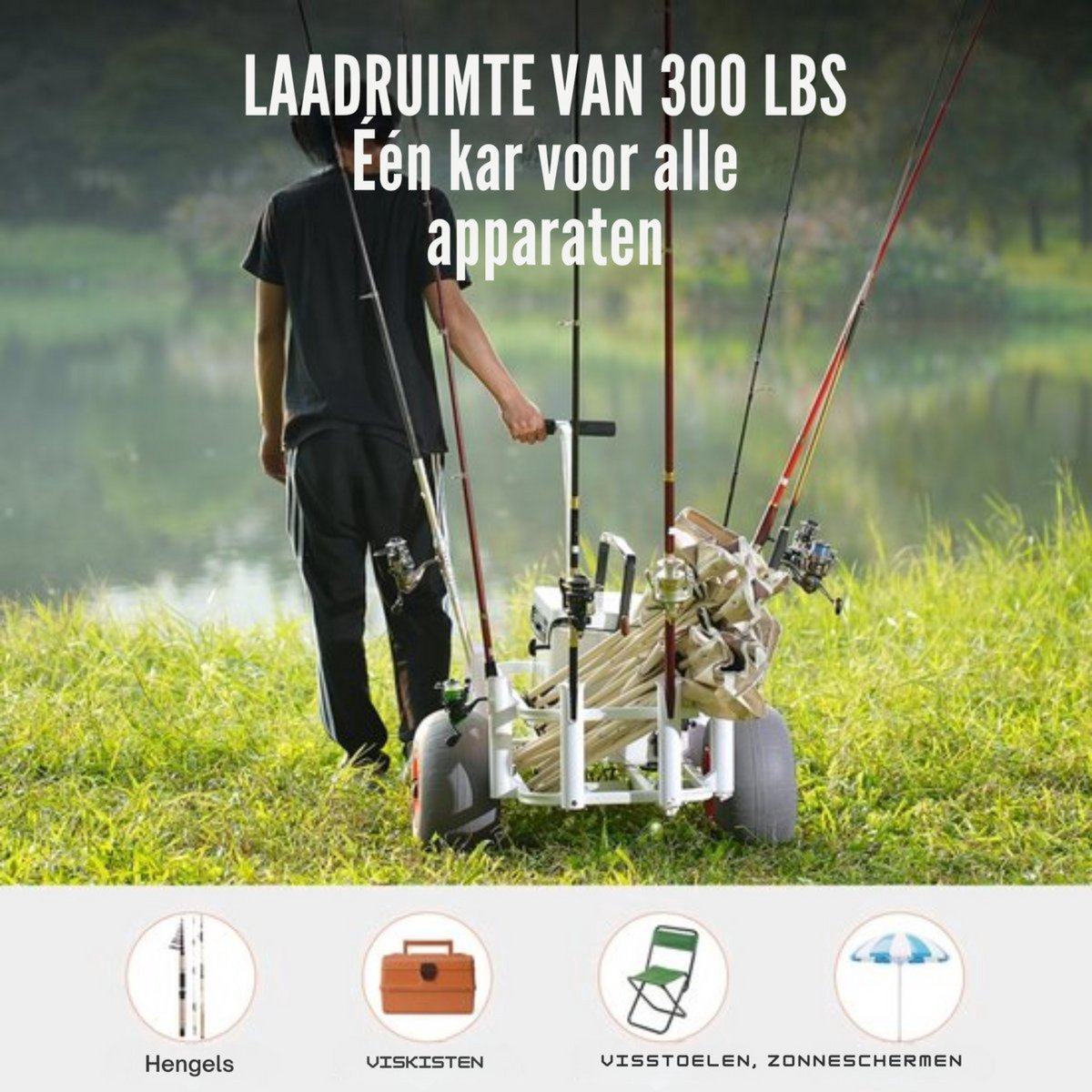 Viskar - Strandkar - Trolley voor vissen - Visspullen - Strandviswagen - 160KG - Met Ballonbanden - Voor Zand & Vissers