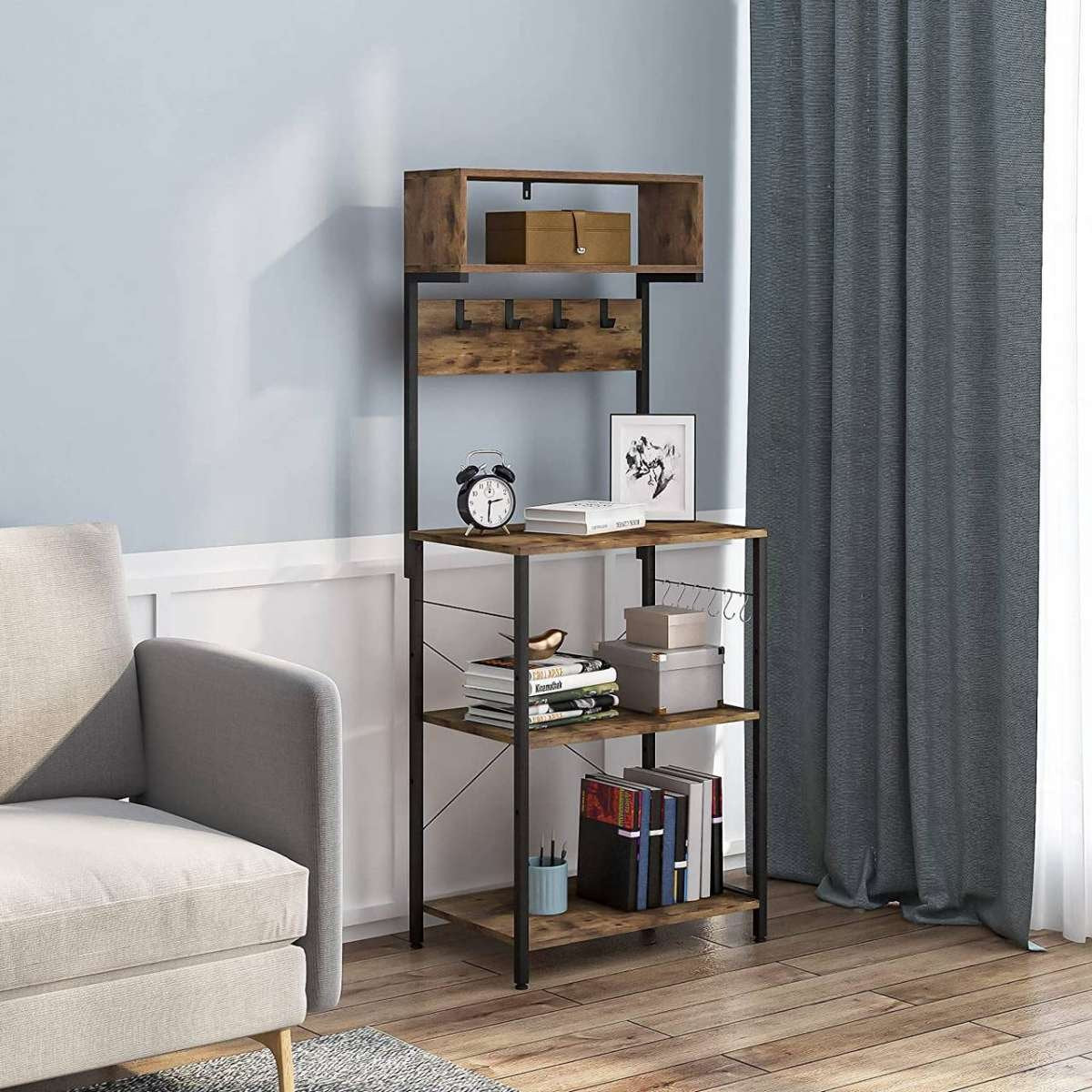 Happyment Boekenkast Rodi - Industrieel - 4 Lagen - Zwart - Inclusief 10 haken - Boekenrek - Woonkamer, slaapkamer en kinderkamer - Hout - 60x152x38cm