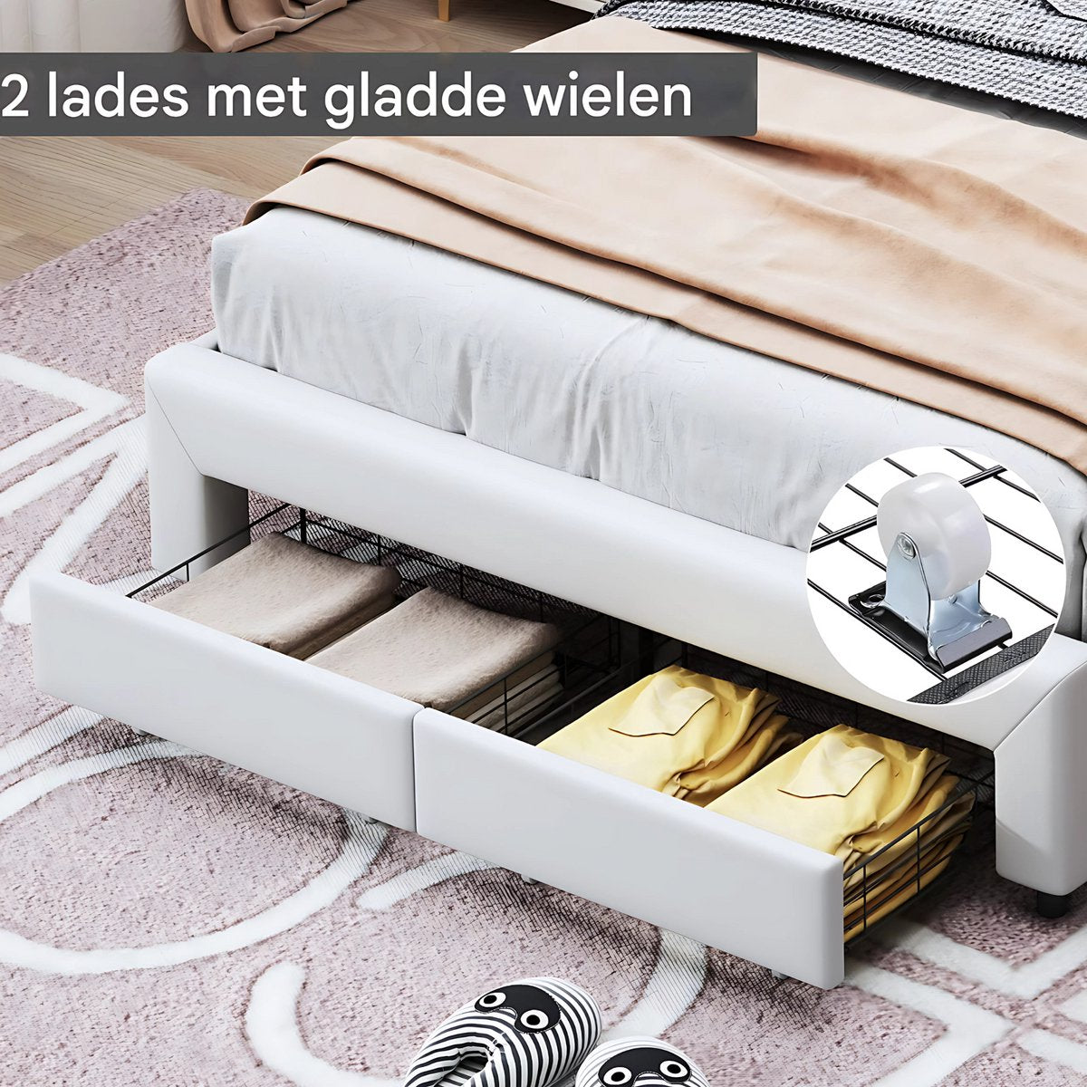 Kinderbed voor meisjes - 140x200cm - Gestoffeerd bed met 2 lades - LED-verlichting en rugleuning - Lattenbodem - Twijfelaar