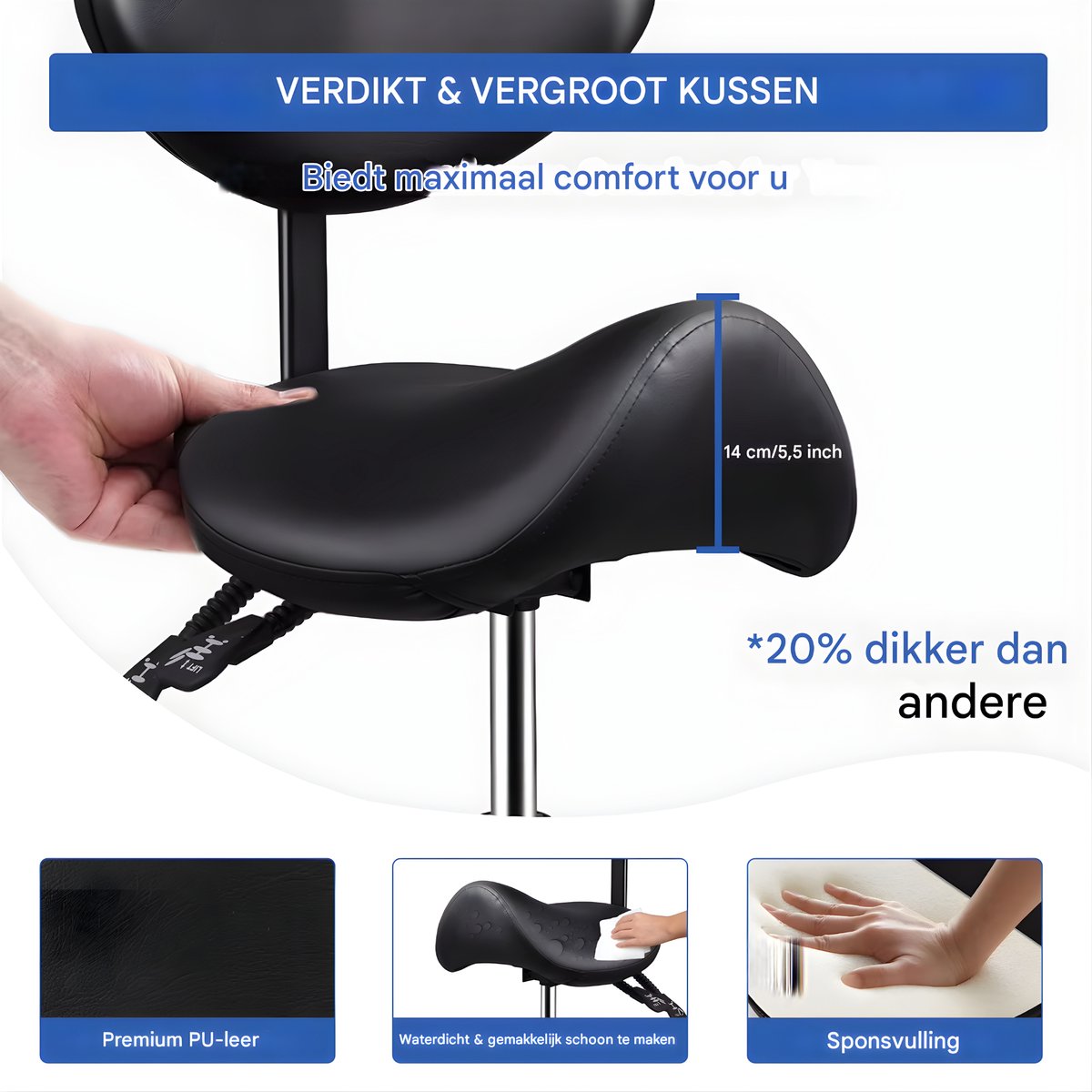 Ergonomische Rollende Zadelstoel - Bureaukruk - Werkkruk - Tabouret - Zadelstoel - met Wielen & Rugleuning - Voor Kapper & Spa - Zwart