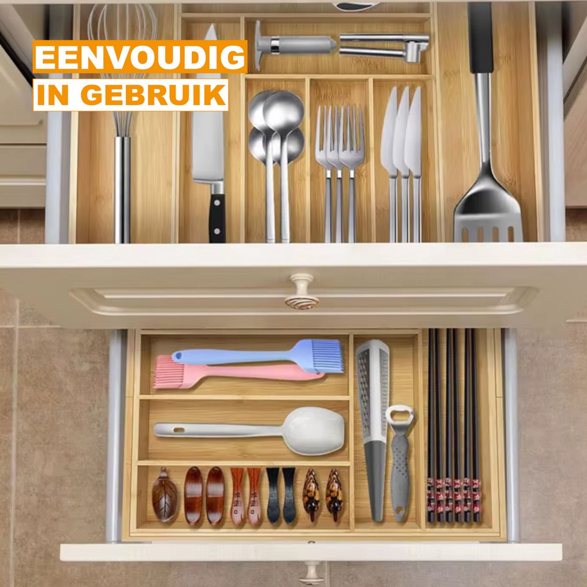 Besteklade Organisator - 6-8 Compartimenten Keukenlade - Keukengerei Houder voor Mes, Vork en Lepel