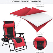 Gewatteerde Zero Gravity Lounge Chair Valora - Tuinstoel - Ligbed - Voor Terras & Tuin - Opvouwbare Fauteuil met Verstelbare Hoofdsteun en Bekerhouder - Ondersteunt Tot 160 kg - 2 stuks - Rood
