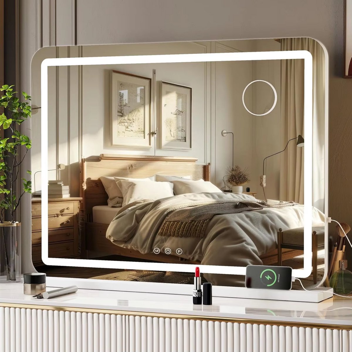 Make-up Spiegel met Verlichting - Voor Make-up Bureau - Grote Spiegel met USB en Type C, 10x Vergrootglas en 3 Kleurtemperaturen - 80 x 60 cm - Wit