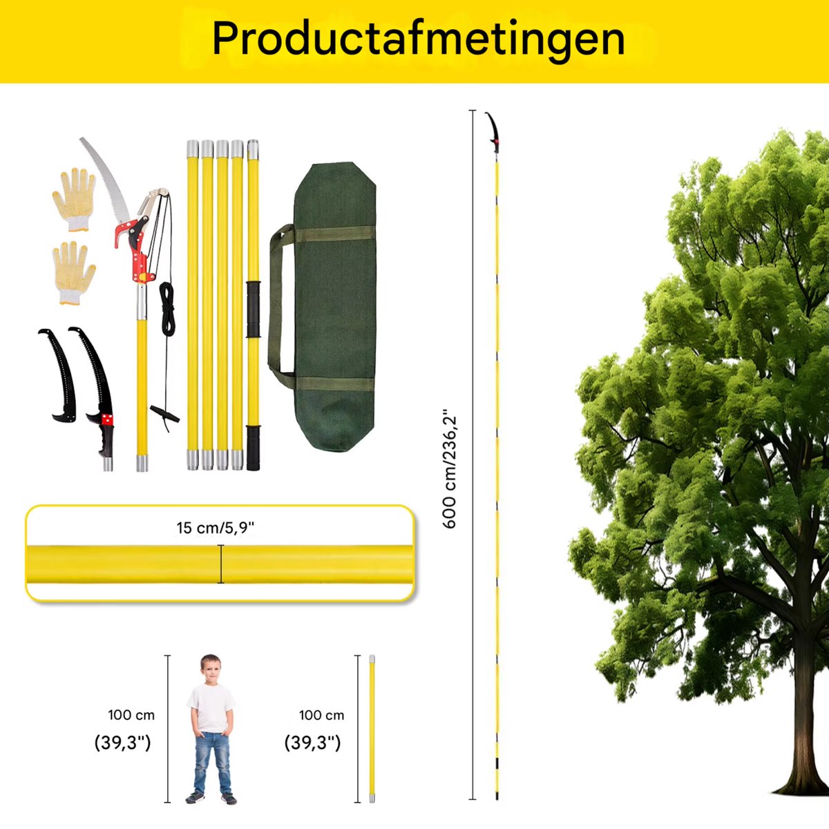 Telescopische takkenzaag - Geel - Takkenschaar - Snoeizaag - 8 meter - Verstelbare lengte - Voor tuin