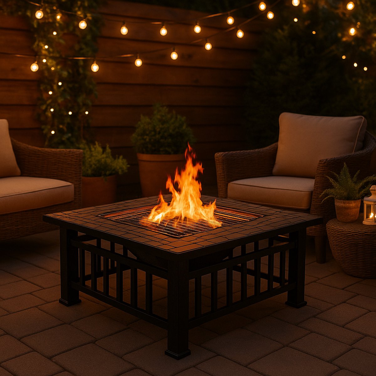 Happyment® Vuurkorf voor buiten - Vuurpit deluxe - BBQ - Met Vonkenscherm - Metaal - 81x81x32,5cm