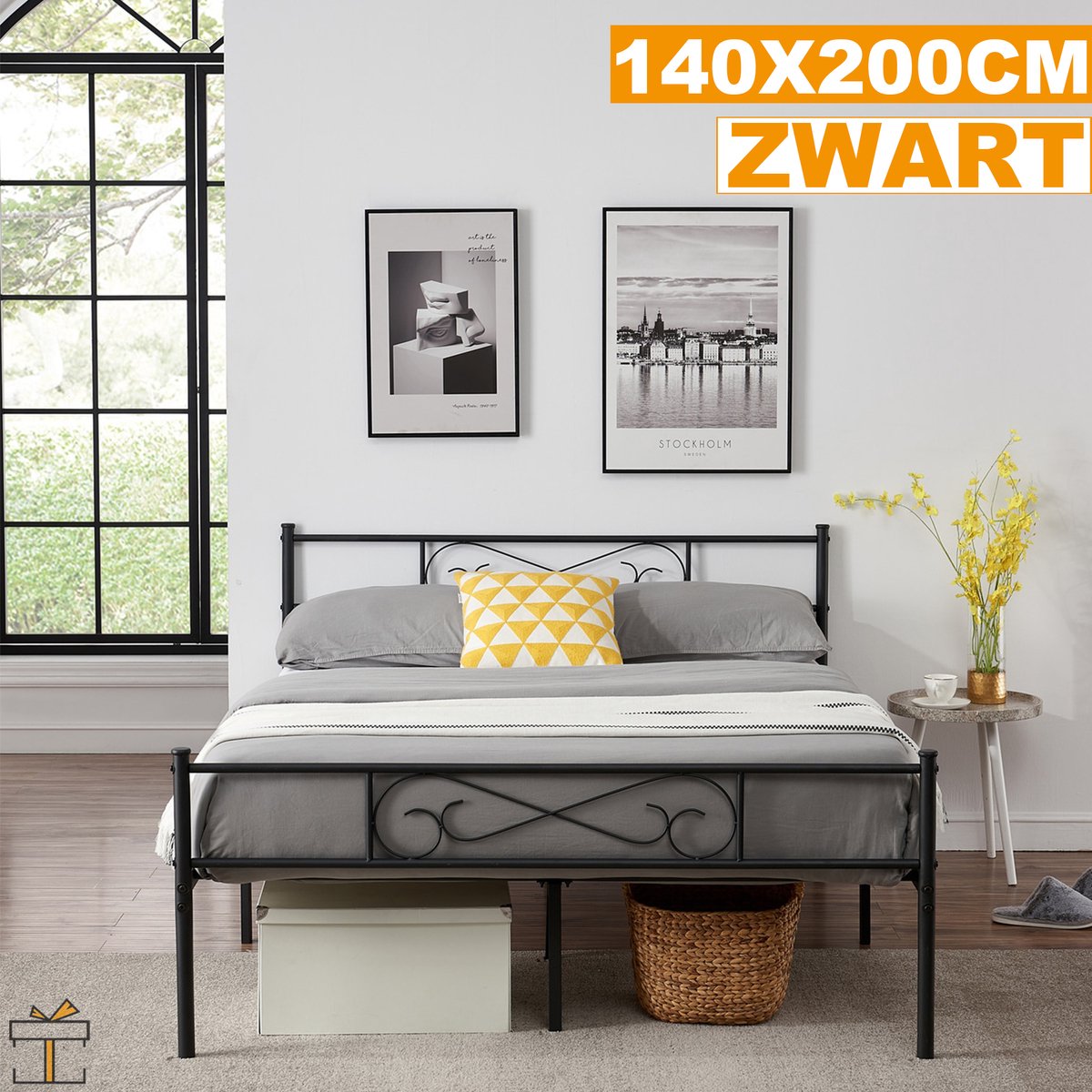 Happyment Metalen bedframe - 140 x 200cm - Incl. lattenbodem - Twijfelaar - 2 persoons - Zwart