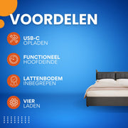 Bed - Tweepersoonsbedden - Tweepersoonsbed - Twijfelaar - Voor Jeugdkamer of Slaapkamer - Met USB-C Oplaadfunctie & Hoofdeinde - Lattenbodem & Opbergruimte voor Beddengoed - 140x200cm