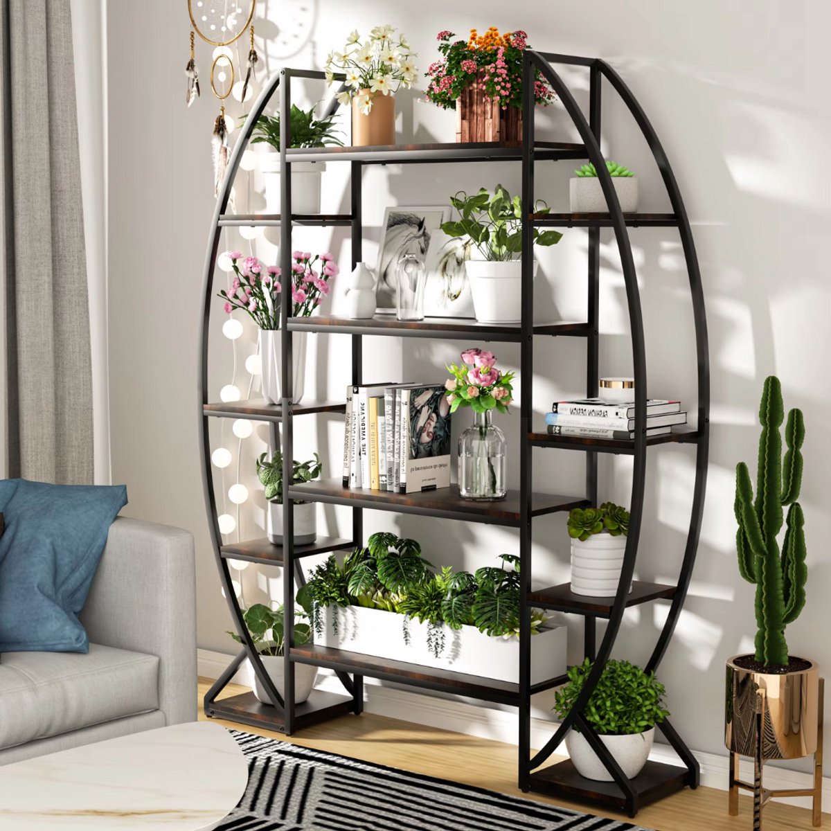 Plantenstandaard indsutrieel - 177cm - Plantenrek - Plantentafel - Voor binnen & buitengebruik - Bloempothouder - Metaal en hout