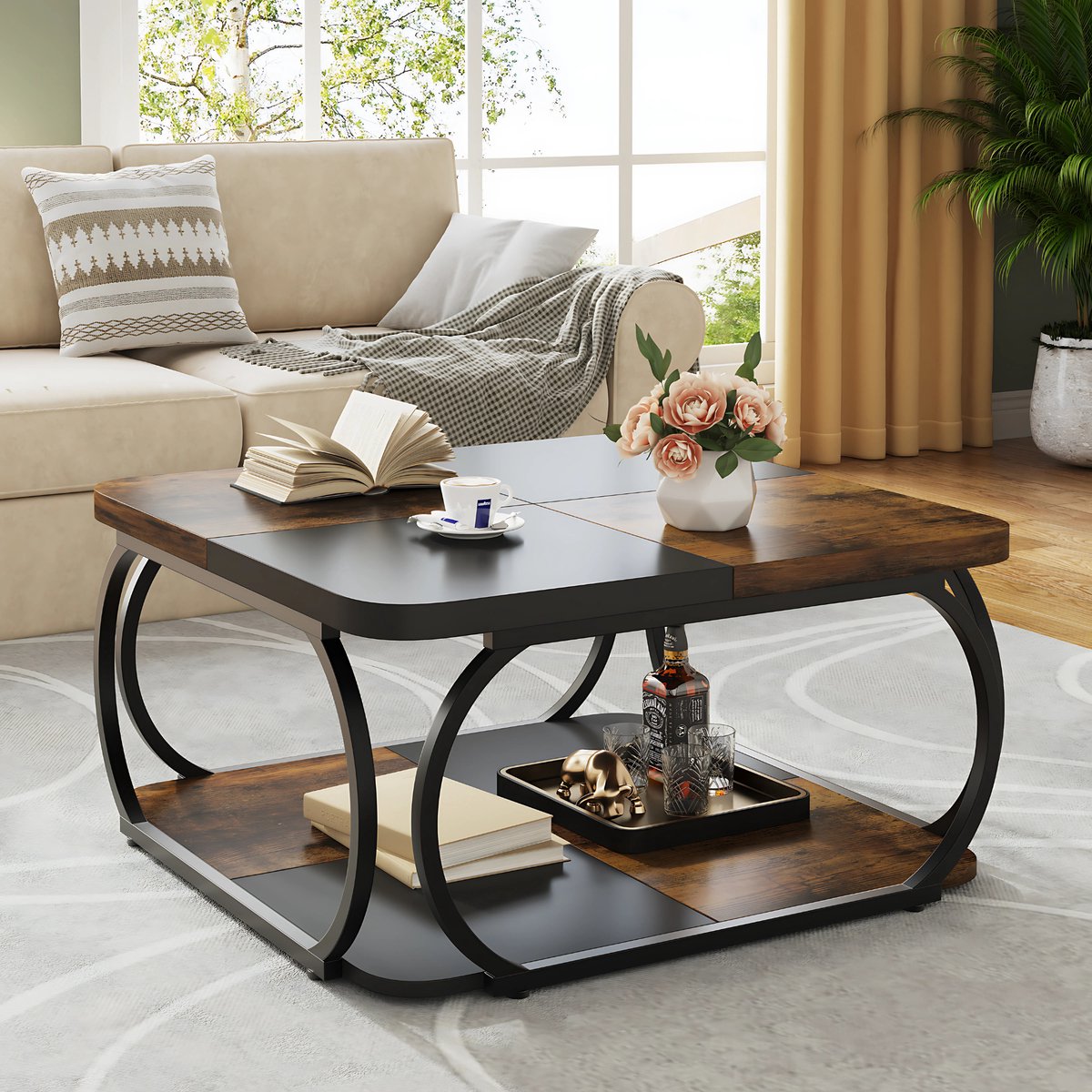 Salontafel Franciso - Koffietafel - Vierkant - 100cm - Retro - Opbergplank - Massief metalen onderstel