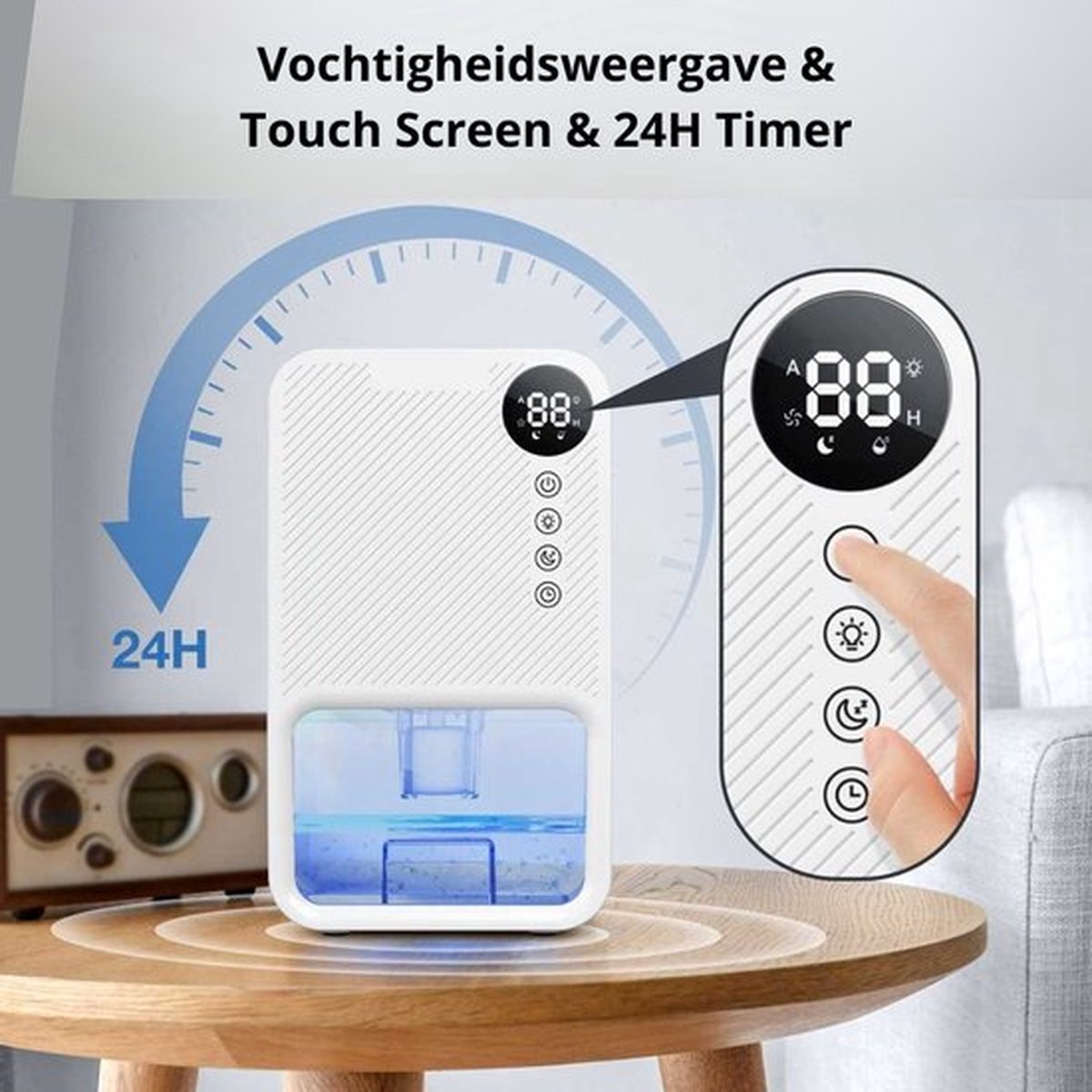 Happyment Luchtontvochtiger Deluxe - Dehumidifier voor slaapkamer - Ontvochtiger - Huiskamer of Badkamer - Super stil - Met Touchscreen - Timer - Tot 1100 ml