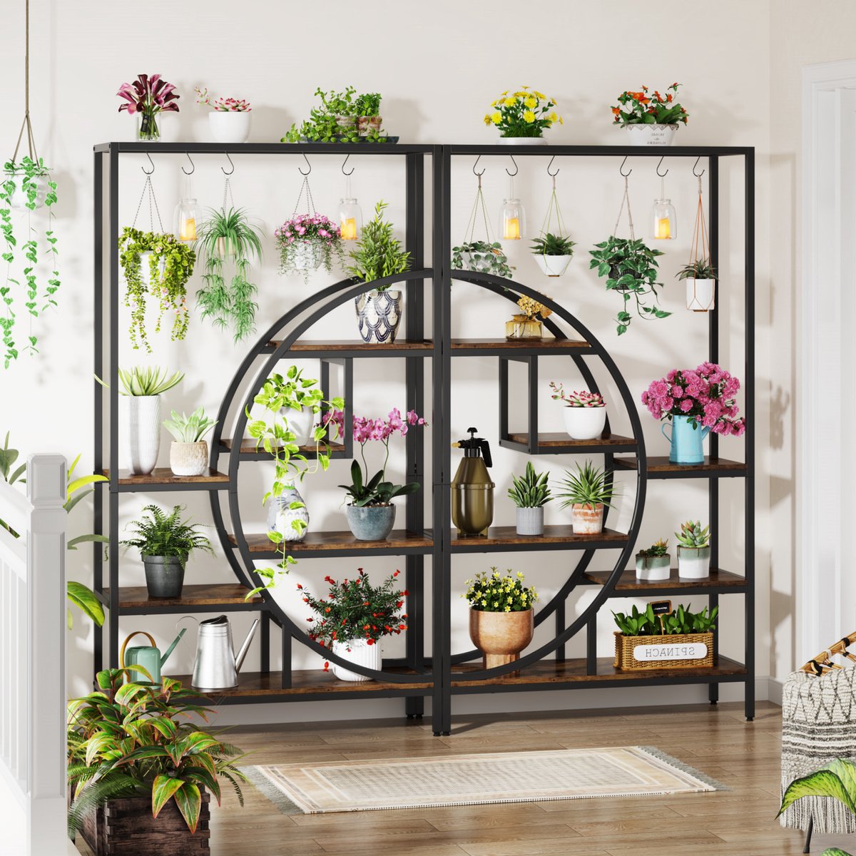 Plantenstandaard - Plantenrek Buiten - Bloemenpot - Voor binnen en buiten - 7 Lagen en S-Haken - Bruin - 179 cm hoog × 100 cm breed × 30 cm diep