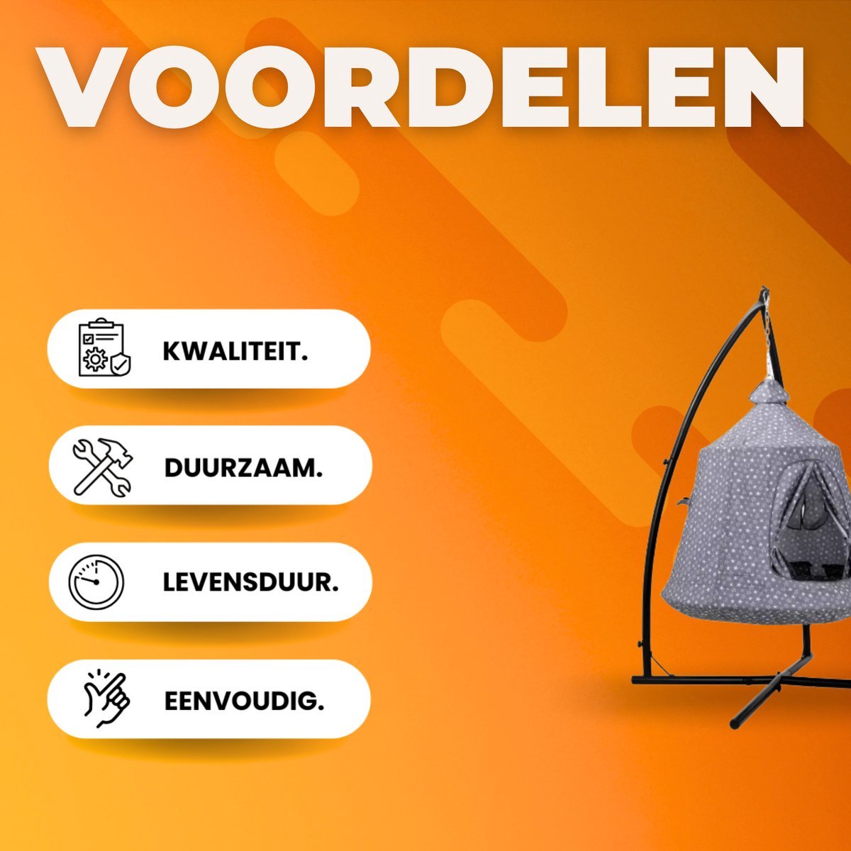 Egg hangstoel Tavien - Voor kinderen - Hangmat X-standaard - met Boomentent - Speeltent Binnen en Buiten - Egg chair cocoon - Metalen Schommelstoel - Grijs